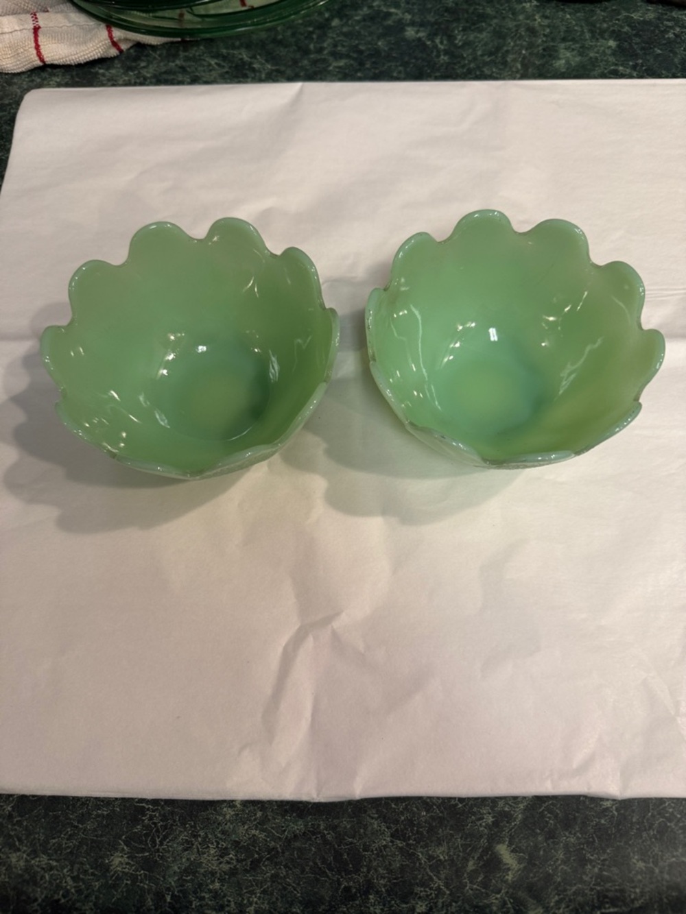 Set of 2 Scalloped Jade Green Glass Bowls